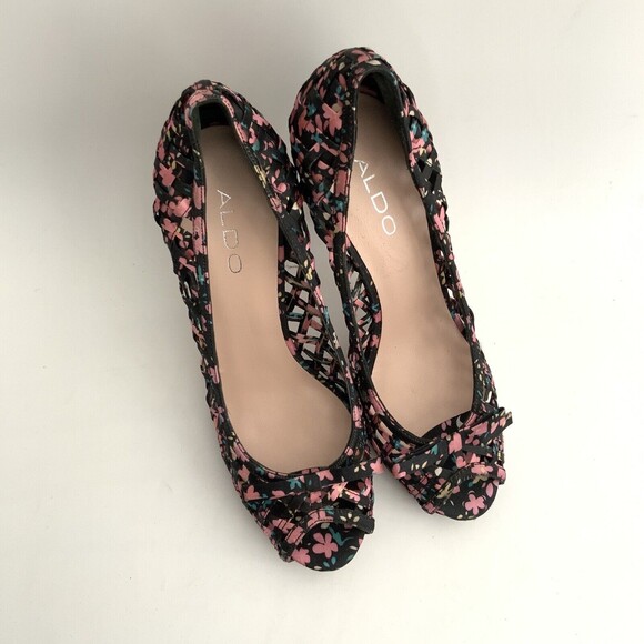 Aldo Pumps Beira Lattice Peep-toe Heels Black Floral 38 - Picture 11 of 12